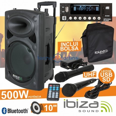 Coluna Amplificada 10" 500W Usb/Bt/Sd/Bat Uhf Preta - Ibiza