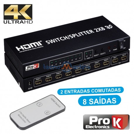 Distribuidor HDMI Amplificado 2 Entradas 8 Saídas 4K - PROK