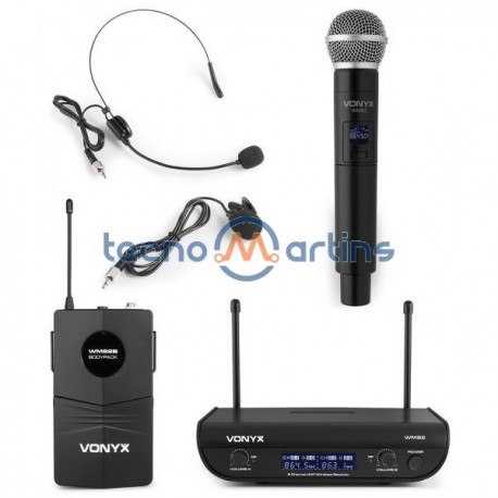 Central 2 Microfones UHF 2 Canais s/ Fios (Mão e Cabeça) - VONYX
