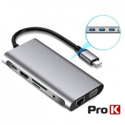 Hub USB 2.0 C/ 4 Portas E InHub USB-C P/ USB-C/ 3xUSB / VGA / HDMI / Audio/ RJ45/Cartões