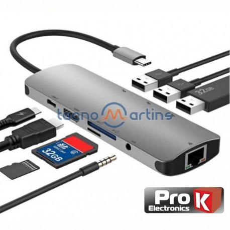 Hub USB Type-C P/ USB Type-C / 3xUSB 3.0 / HDMI / Audio/ RJ45 / Cartões SD