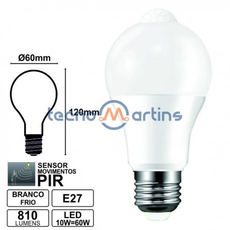 Lampada LED E27 10w»60w 6500k 810lm C/ Sensor PIR