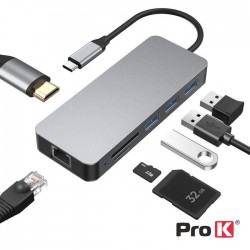 Hub USB-C P/ USB-C/ 3xUSB / RJ45 / 2xCARTÕES PROK