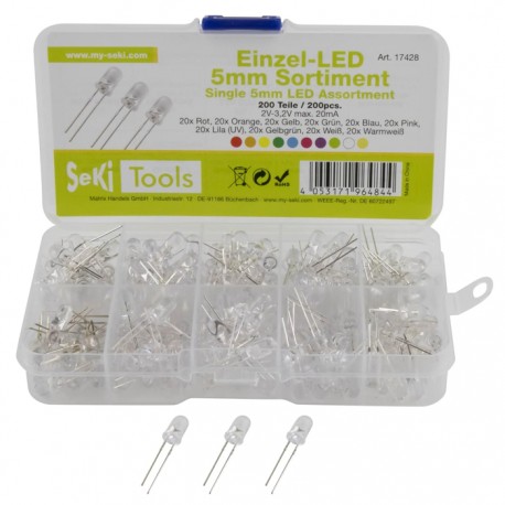 Sortido de 200 LEDs 5mm transparente (várias cores)