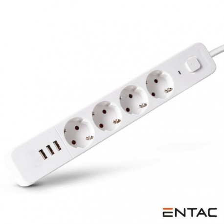 Extensão Elétrica 4x Schuko +3 USB C/ Interruptor 1.5m - ENTAC