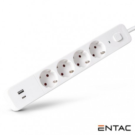 Extensão Elétrica 4x Schuko +3 USB C/ Interruptor 1.5m - ENTAC